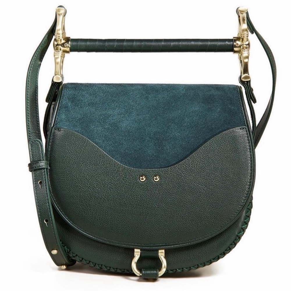 SANCIA / The Babylon Bar Bag / Hunter Green Leather + Suede
New in box with tag